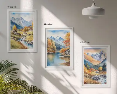 Billedvæg efterårsbjerge med flodhuse