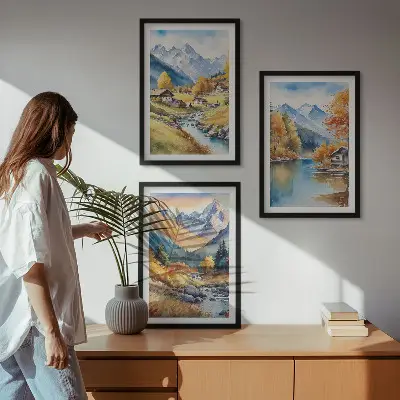 Billedvæg efterårsbjerge med flodhuse