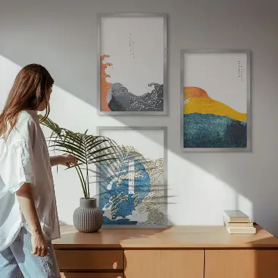 Triptykon med japanske bølger billeder med ramme