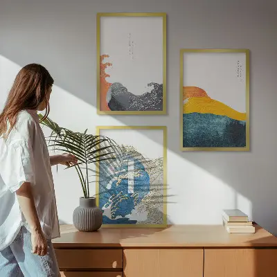 Triptykon med japanske bølger billeder med ramme