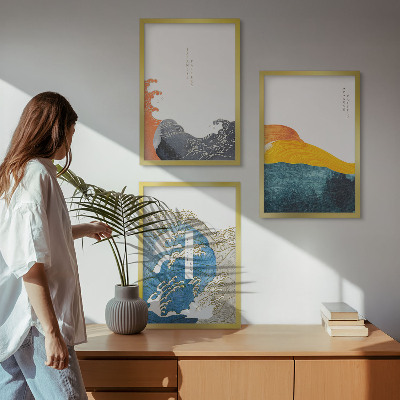 Triptykon billeder med ramme Bølger af japansk grafisk stil
