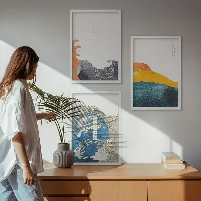Triptykon med japanske bølger billeder med ramme