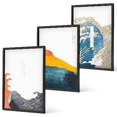 Triptykon billeder med ramme Bølger af japansk grafisk stil
