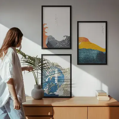 Triptykon med japanske bølger billeder med ramme