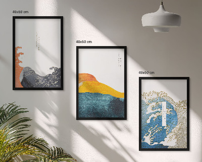 Triptykon billeder med ramme Bølger af japansk grafisk stil