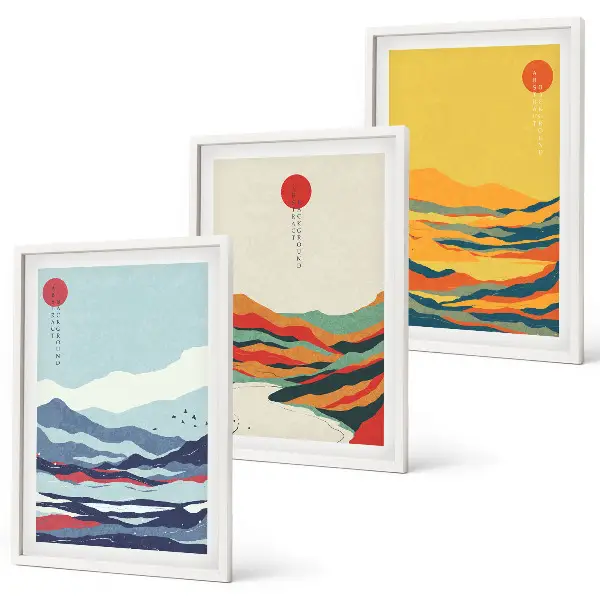 Triptyk med bjerge og floder farverigt abstrakt motiv med ramme