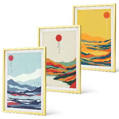 Triptyk med bjerge og floder farverigt abstrakt motiv med ramme
