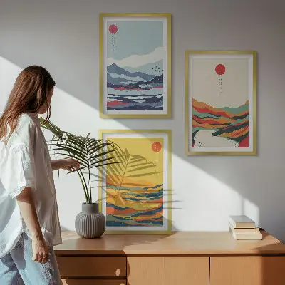 Triptyk med bjerge og floder farverigt abstrakt motiv med ramme