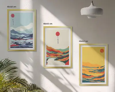 Triptyk med bjerge og floder farverigt abstrakt motiv med ramme