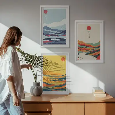 Triptyk med bjerge og floder farverigt abstrakt motiv med ramme