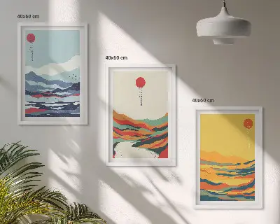 Triptyk med bjerge og floder farverigt abstrakt motiv med ramme