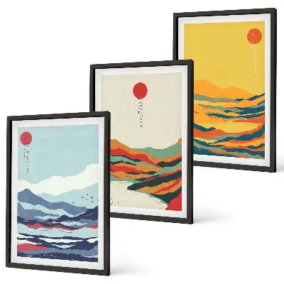 Triptyk med bjerge og floder farverigt abstrakt motiv med ramme