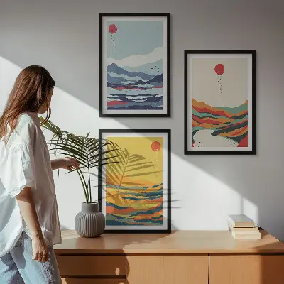 Triptyk med bjerge og floder farverigt abstrakt motiv med ramme