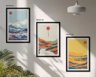 Triptyk med bjerge og floder farverigt abstrakt motiv med ramme