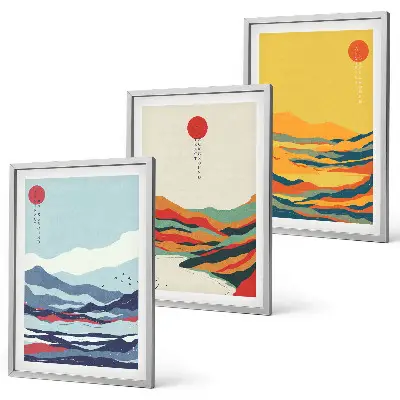 Triptyk med bjerge og floder farverigt abstrakt motiv med ramme