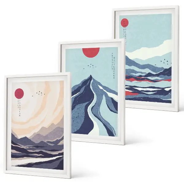Billedsæt til soveværelset med motiv af abstrakte japanske bjerge