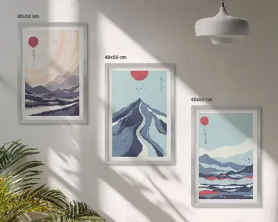 Billedsæt til soveværelset med motiv af abstrakte japanske bjerge