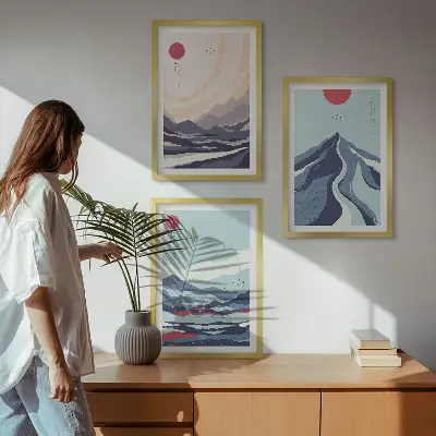 Billedsæt til soveværelset med motiv af abstrakte japanske bjerge