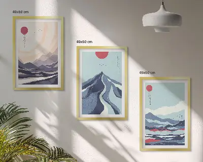 Billedsæt til soveværelset med motiv af abstrakte japanske bjerge
