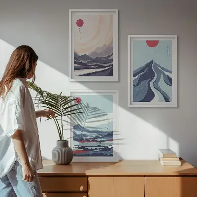 Billedsæt til soveværelset med motiv af abstrakte japanske bjerge