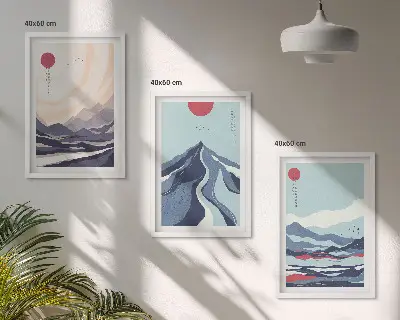 Billedsæt til soveværelset med motiv af abstrakte japanske bjerge