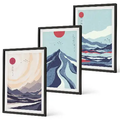 Billedsæt til soveværelset med motiv af abstrakte japanske bjerge