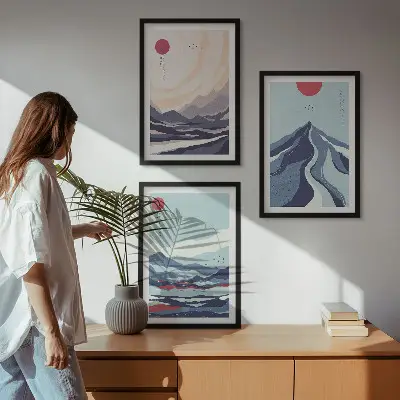 Billedsæt til soveværelset med motiv af abstrakte japanske bjerge