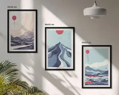 Billedsæt til soveværelset med motiv af abstrakte japanske bjerge