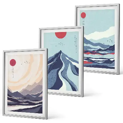 Billedsæt til soveværelset med motiv af abstrakte japanske bjerge