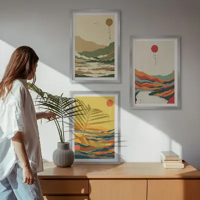 Billedvæg farverige mønstre med japandi-inspirerede bjerglandskaber