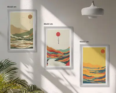Billedvæg farverige mønstre med japandi-inspirerede bjerglandskaber