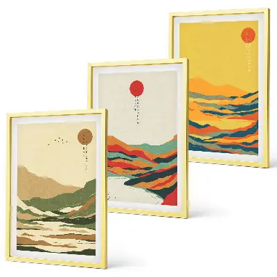 Billedvæg farverige mønstre med japandi-inspirerede bjerglandskaber