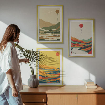 Billedvæg inspiration Farverige mønstre af Japandi-flodbjerge