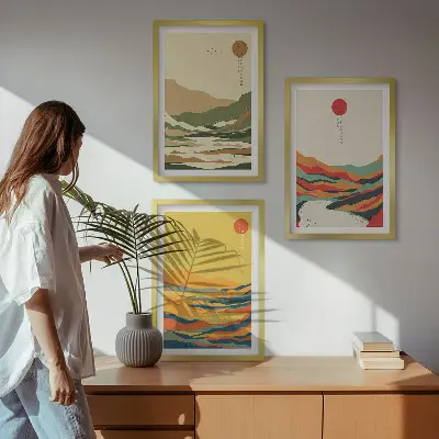 Billedvæg farverige mønstre med japandi-inspirerede bjerglandskaber