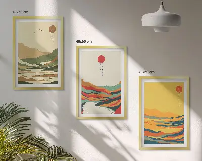 Billedvæg farverige mønstre med japandi-inspirerede bjerglandskaber