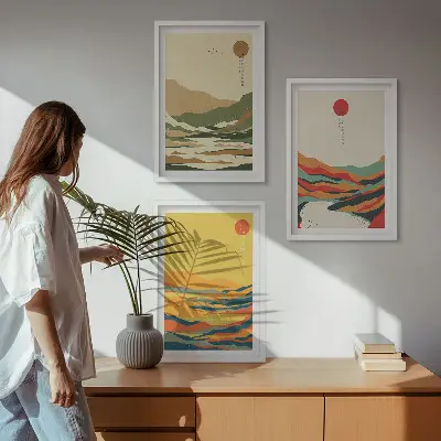 Billedvæg farverige mønstre med japandi-inspirerede bjerglandskaber