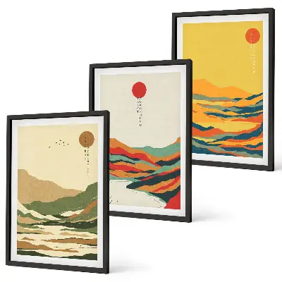 Billedvæg farverige mønstre med japandi-inspirerede bjerglandskaber
