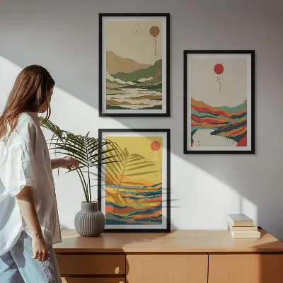 Billedvæg farverige mønstre med japandi-inspirerede bjerglandskaber