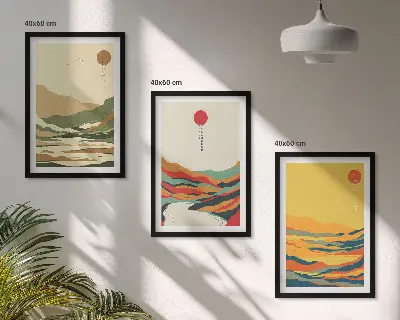 Billedvæg farverige mønstre med japandi-inspirerede bjerglandskaber