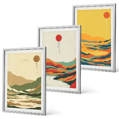 Billedvæg farverige mønstre med japandi-inspirerede bjerglandskaber