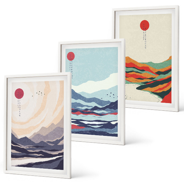 Triptykon billeder med ramme Japanske bjergabstraktioner