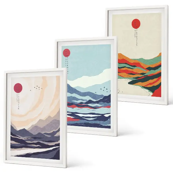 Japanske bjergabstraktioner triptykon med ramme