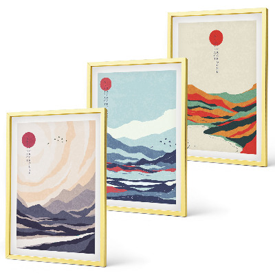 Triptykon billeder med ramme Japanske bjergabstraktioner
