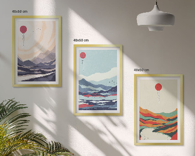Triptykon billeder med ramme Japanske bjergabstraktioner