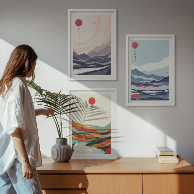 Triptykon billeder med ramme Japanske bjergabstraktioner