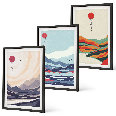 Triptykon billeder med ramme Japanske bjergabstraktioner