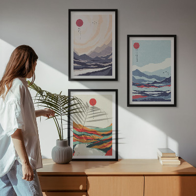 Triptykon billeder med ramme Japanske bjergabstraktioner