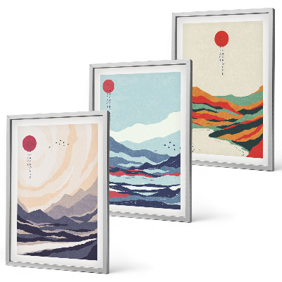 Triptykon billeder med ramme Japanske bjergabstraktioner