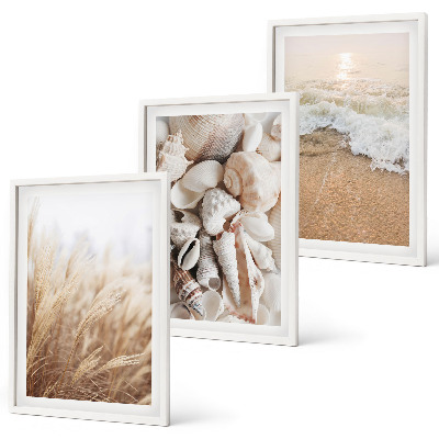 Triptykon billeder med ramme Strandmotiver, skaller, bølger