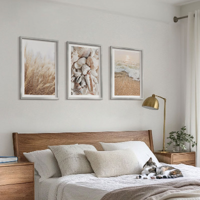 Triptykon billeder med ramme Strandmotiver, skaller, bølger
